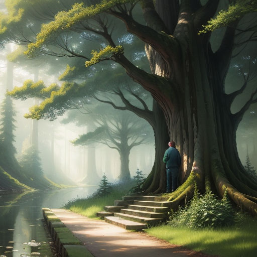 a man standing on a path next to a tree with stairs leading up to it and a lake in the background, fantasy art, a detailed matte painting, Christophe Vacher, matte painting