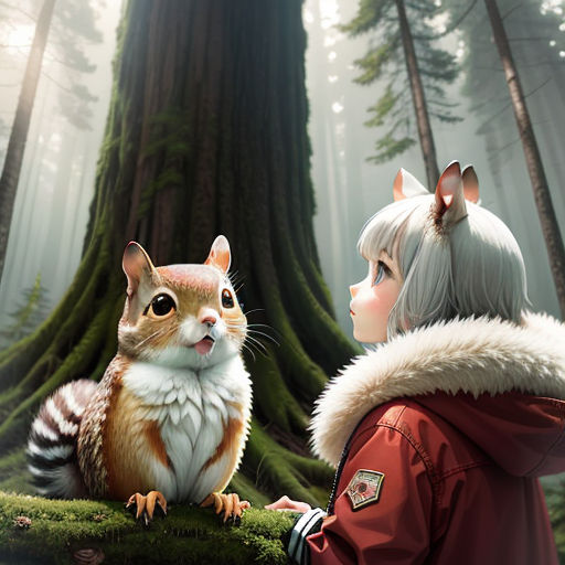 a girl and a squirrel in a forest with trees and grass, one of the animals is looking at the girl, furry art, a storybook illustration, Chippy, official art