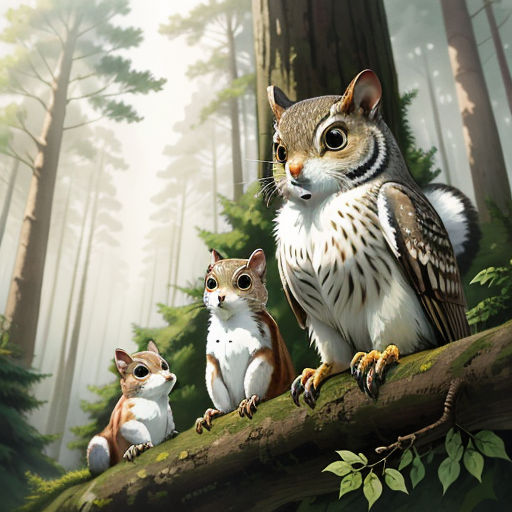 a painting of a bird and two kittens on a tree branch in a forest with a sun shining through the trees, fantasy art, a digital painting, Chris LaBrooy, official art