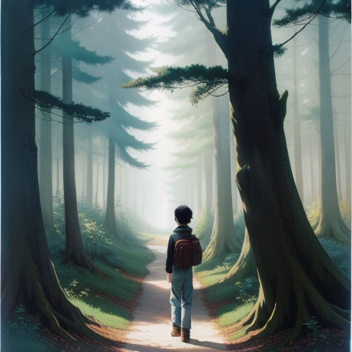 a person walking down a path in a forest with trees on both sides of the path and a person walking down the path, magical realism, a storybook illustration, Aaron Jasinski, ghibli