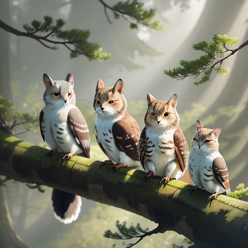 a group of cats sitting on top of a tree branch in a forest with a cat standing next to them, fantasy art, a digital painting, Chris LaBrooy, highly detailed digital painting