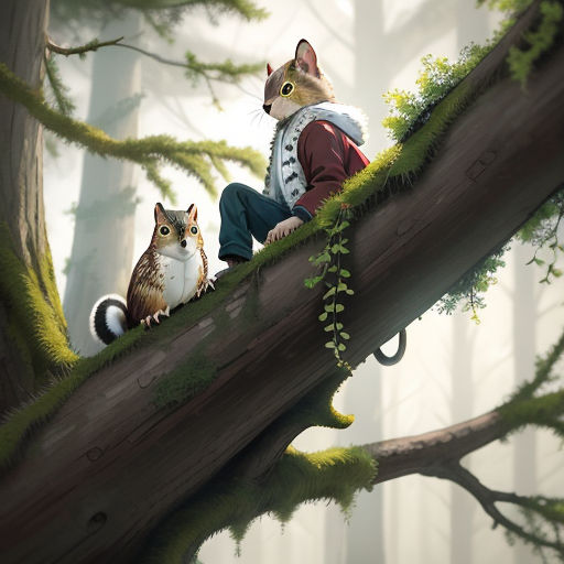 a cat and a squirrel sitting on a tree branch in a forest with moss growing on the branches and a person sitting on the branch, furry art, a storybook illustration, Chris LaBrooy, key art