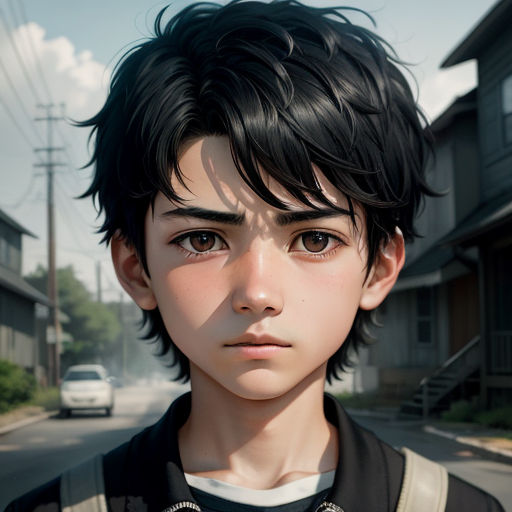 a boy with a black shirt and a black and white shirt on a street with houses and cars in the background, photorealism, a photorealistic painting, Artgerm, stanley artgerm lau