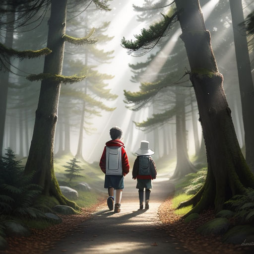 two people walking down a path in the woods with backpacks on their backs and a backpack on their back, photorealism, a digital painting, Diego Gisbert Llorens, highly detailed digital painting