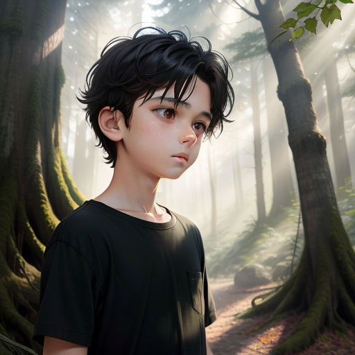 a boy standing in a forest with trees and fog in the background, with a light coming through the trees, photorealism, a photorealistic painting, Cedric Seaut (Keos Masons), stanley artgerm lau