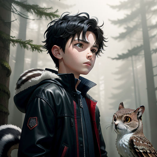 a boy in a leather jacket holding an owl in a forest with trees in the background and fog in the sky, fantasy art, a character portrait, Cedric Peyravernay, stanley artgerm lau