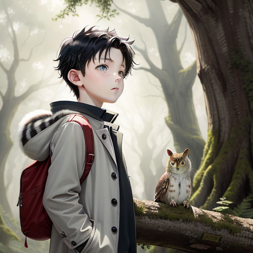 a boy with a backpack and an owl in a forest with trees and a tree trunk in the foreground, fantasy art, a manga drawing, Cedric Seaut (Keos Masons), stanley artgerm lau