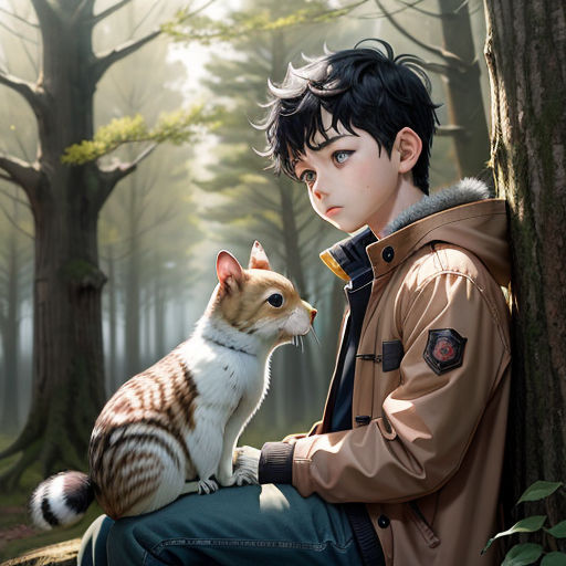 a man sitting next to a cat in a forest with trees in the background and a forest scene behind him, photorealism, a photorealistic painting, Artgerm, stanley artgerm lau