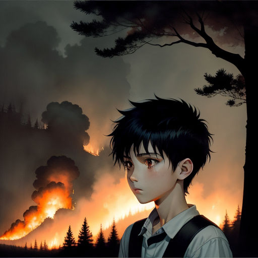 a boy with a backpack standing in front of a fire and smoke filled forest with a forest fire in the background, sots art, a manga drawing, Cedric Seaut (Keos Masons), anime art