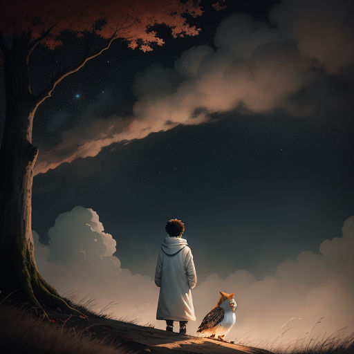 a man and a dog standing in the middle of a field under a tree at night with a sky full of stars, fantasy art, a storybook illustration, Cyril Rolando, trending on art station