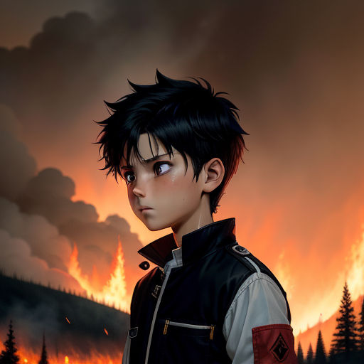 a boy with black hair and a black vest is looking at the camera while a fire burns in the background, sots art, a manga drawing, Cedric Seaut (Keos Masons), cushart krenz