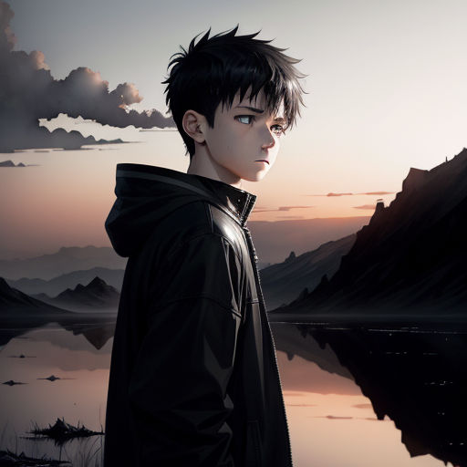 a boy with a hoodie on standing in front of a lake at sunset with mountains in the background, sots art, a matte painting, Atey Ghailan, anime art