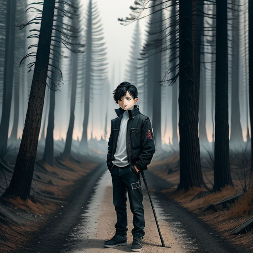 a boy standing on a dirt road in the middle of a forest with a cane in his hand and a cane in his other hand, art photography, a character portrait, Diego Gisbert Llorens, cinematic photography