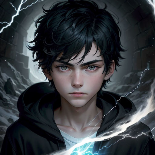 a boy with a lightning bolt in his hand and a lightning bolt in his hand behind him, a dark background with a white circle, shock art, a character portrait, Artgerm, stanley artgerm lau