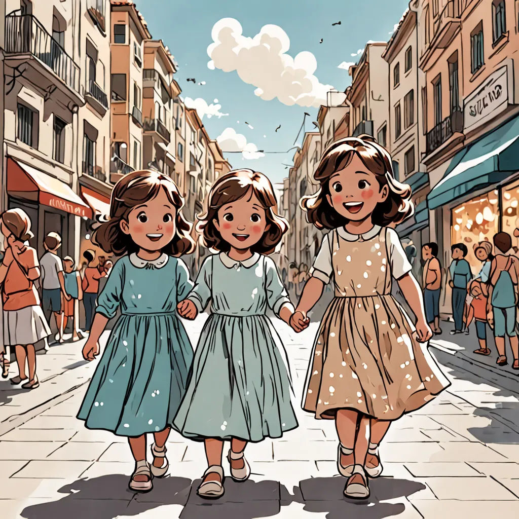 two little girls walking down a street holding hands and smiling at the camera with a crowd of people in the background, lyco art, a comic book panel, Diego Gisbert Llorens, comic cover art