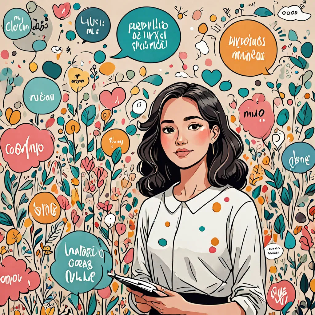 a woman standing in a field of flowers with a book in her hands and a bunch of bubbles above her, art & language, a character portrait, Art & Language, high detail illustration