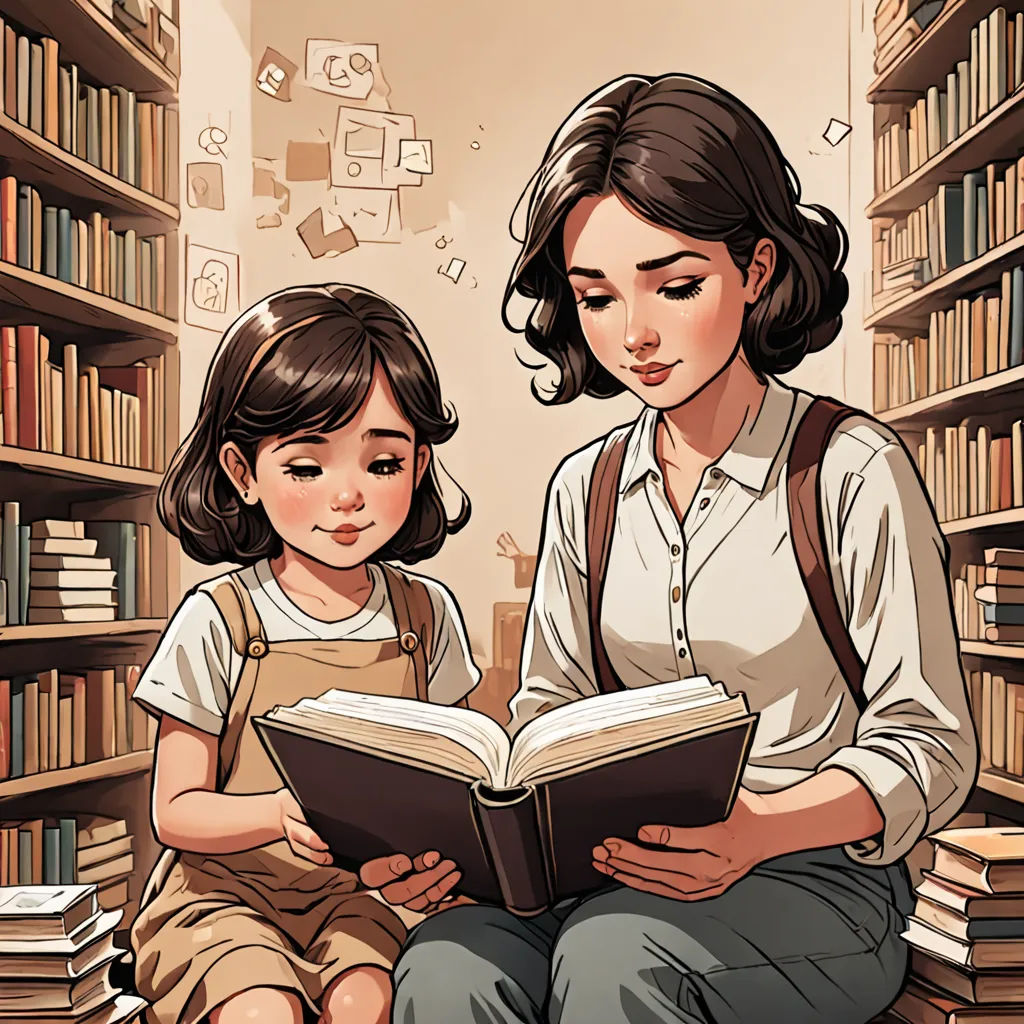 a woman and a girl reading a book in a library with bookshelves in the background and a cartoon of a girl reading a book, academic art, a storybook illustration, Art & Language, storybook illustration