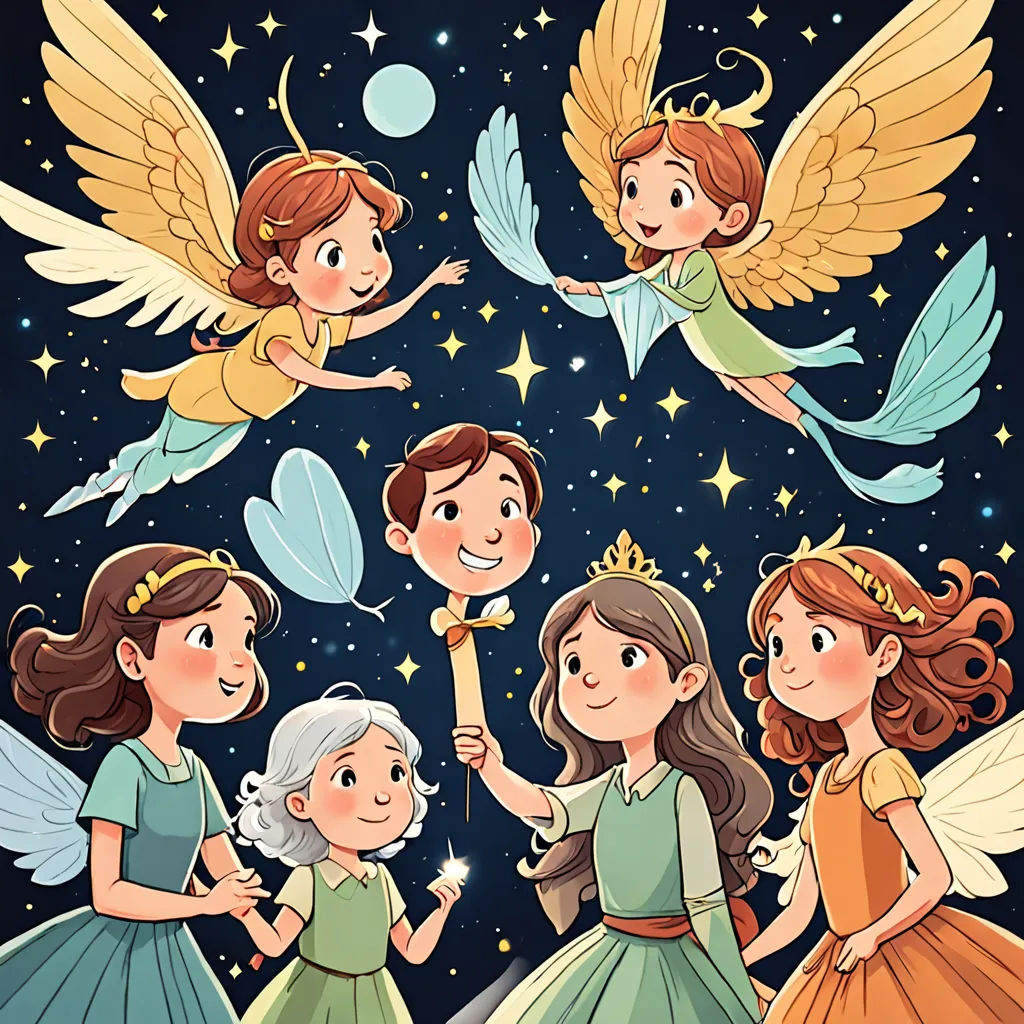 a group of little girls dressed in fairy costumes and holding wands in their hands and flying in the sky, fantasy art, a storybook illustration, Diego Gisbert Llorens, storybook illustration