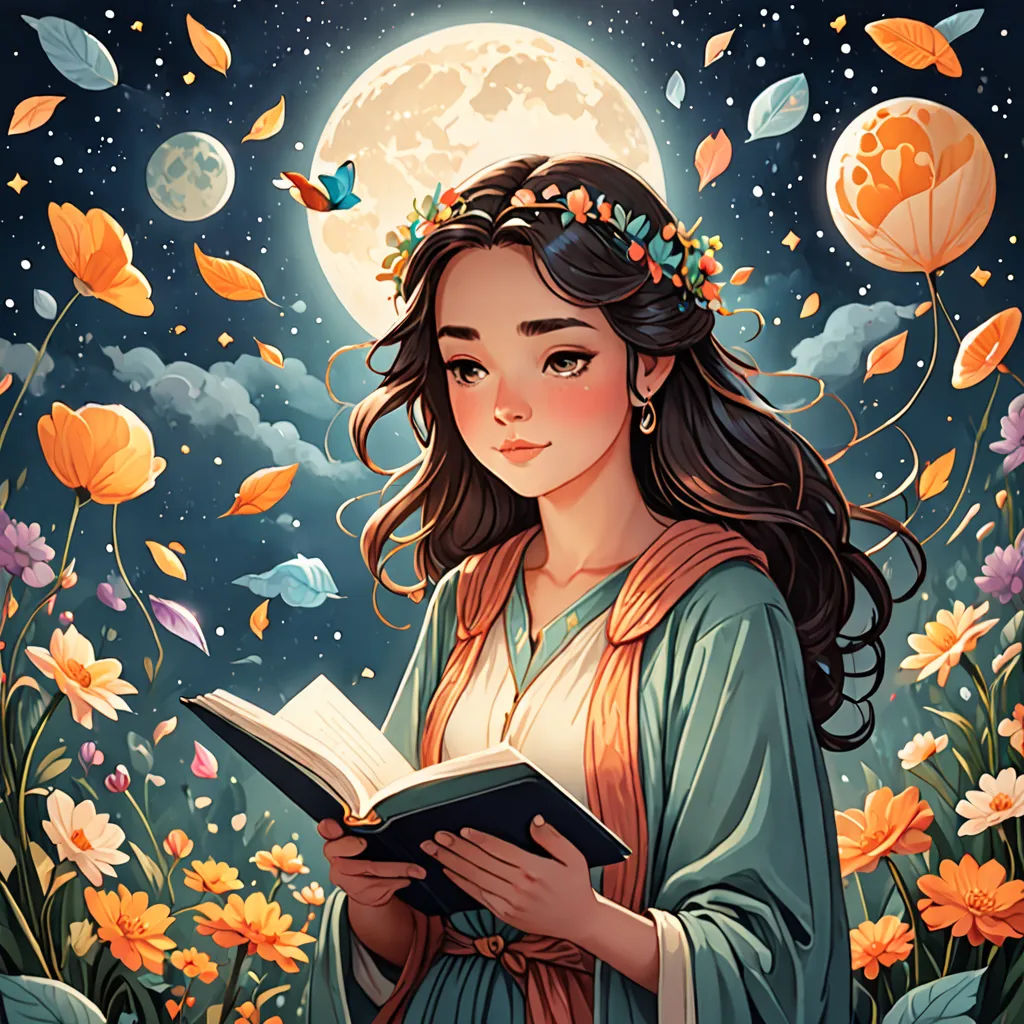 a woman reading a book in a field of flowers under a full moon with butterflies flying around her head, fantasy art, a storybook illustration, Anna Dittmann, trending on art station