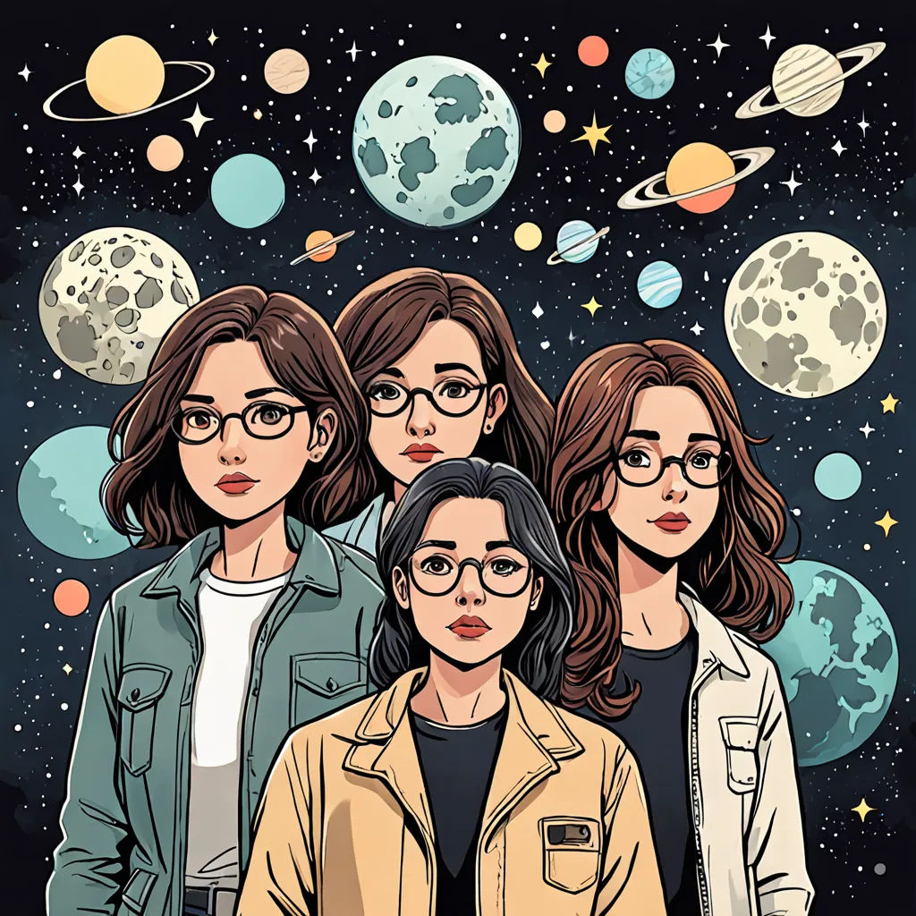 three women standing in front of a space background with planets and stars in the background, and the words, the big bang on the front, space art, a comic book panel, Atey Ghailan, comic cover art