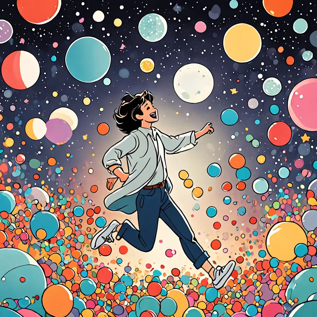 a man is running through a field of balloons and confetti in the air with his arms out, space art, a comic book panel, Asaf Hanuka, comic cover art
