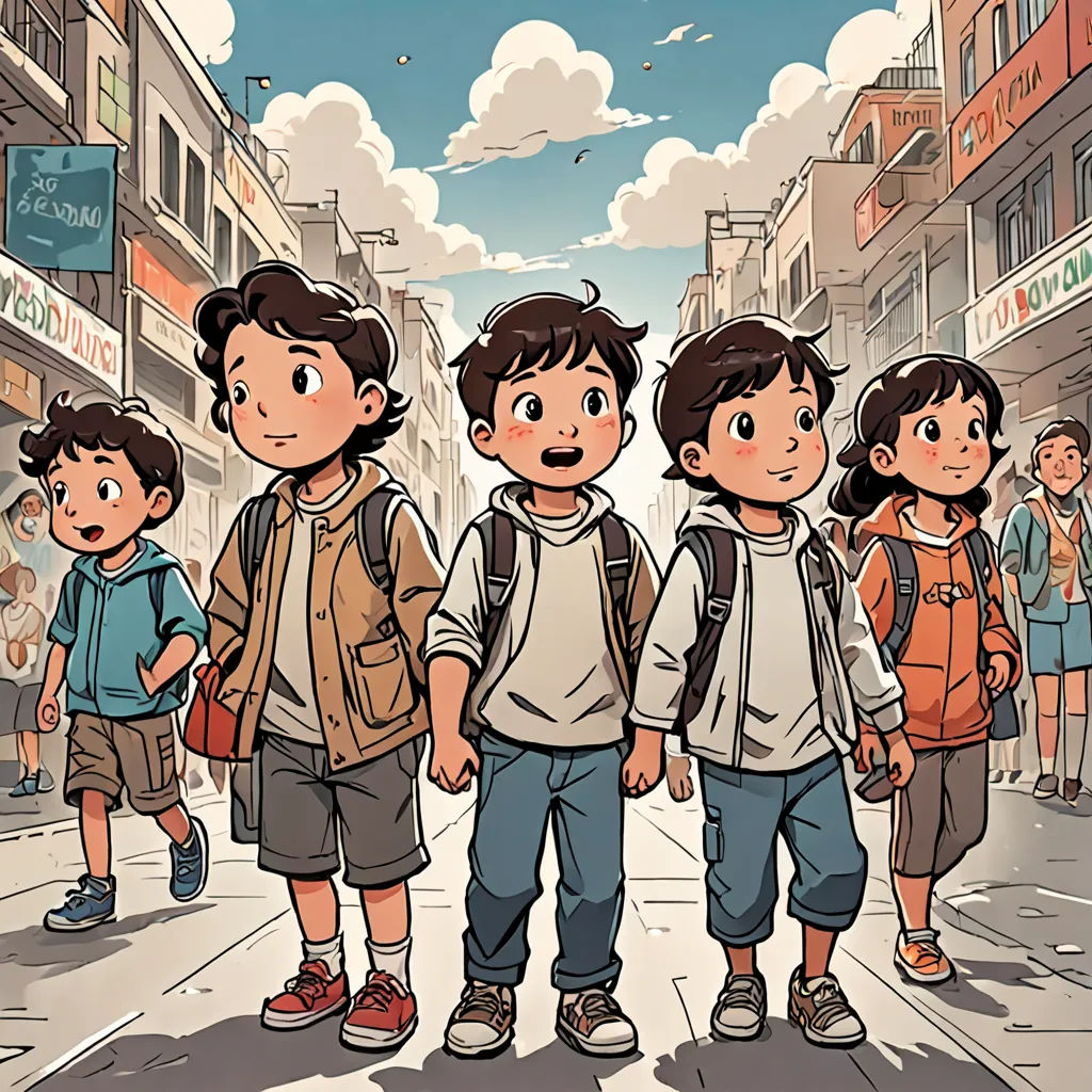 a group of children standing on a street next to a building with a sky background and a few buildings, process art, a comic book panel, Asaf Hanuka, comic cover art