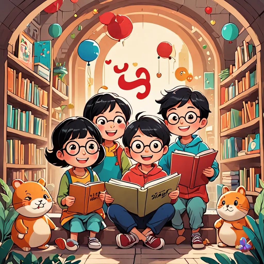 a group of children sitting on a bench reading books in a library with balloons and balloons in the background, art & language, a storybook illustration, Fan Qi, comic cover art
