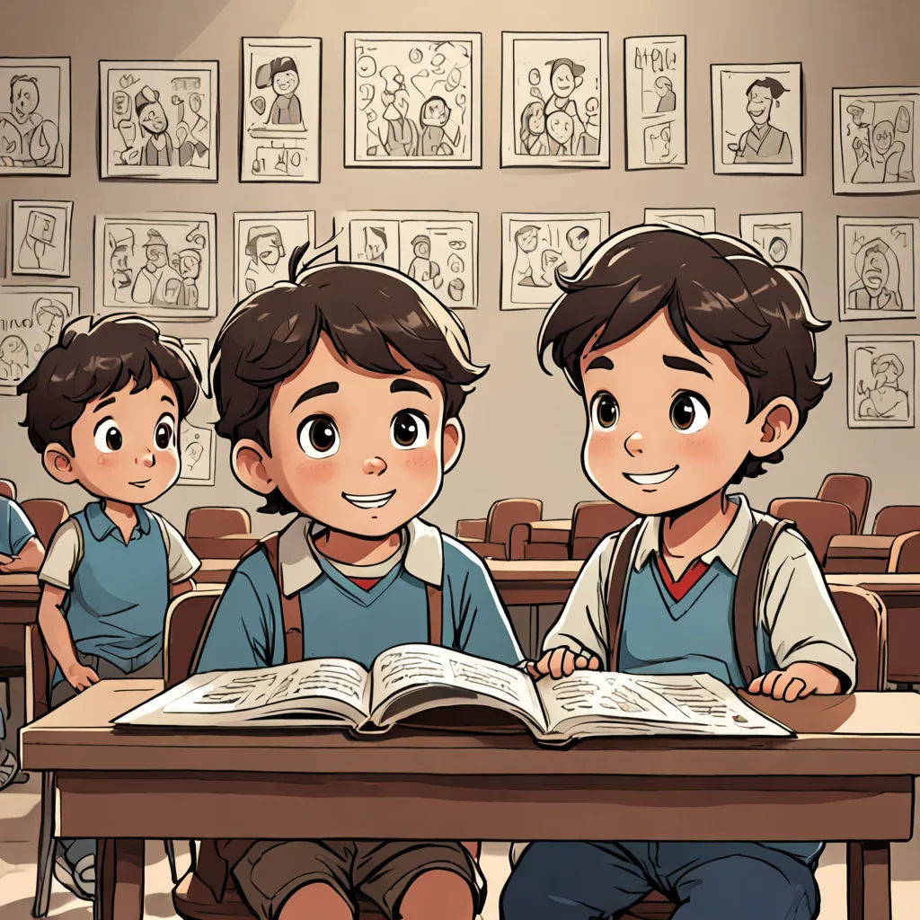 a group of children sitting at a desk with an open book in front of them and a cat on the desk, vancouver school, a comic book panel, Diego Gisbert Llorens, storybook illustration