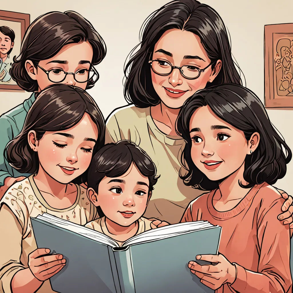 a family reading a book together in a room with pictures on the wall behind them and a picture of a woman reading a book to the children, art & language, a storybook illustration, Art & Language, storybook illustration