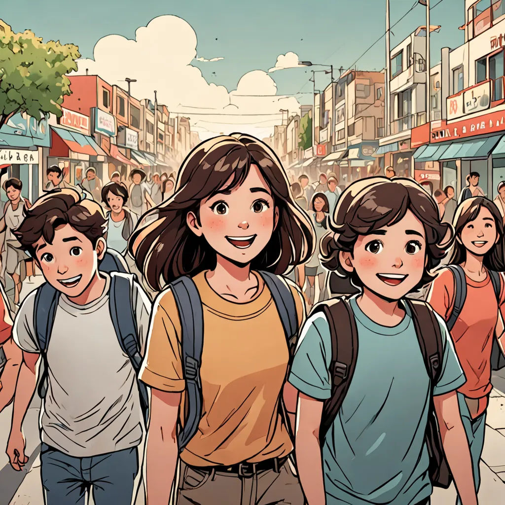 a group of people walking down a street next to each other on a sunny day with buildings in the background, paris school, a comic book panel, Choi Buk, rossdraws global illumination