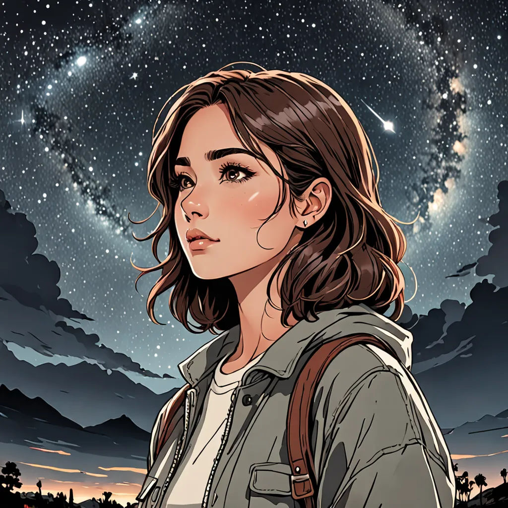 a woman with a backpack looking at the sky with stars in the background and a sky full of stars, space art, a detailed drawing, Artgerm, anime art style