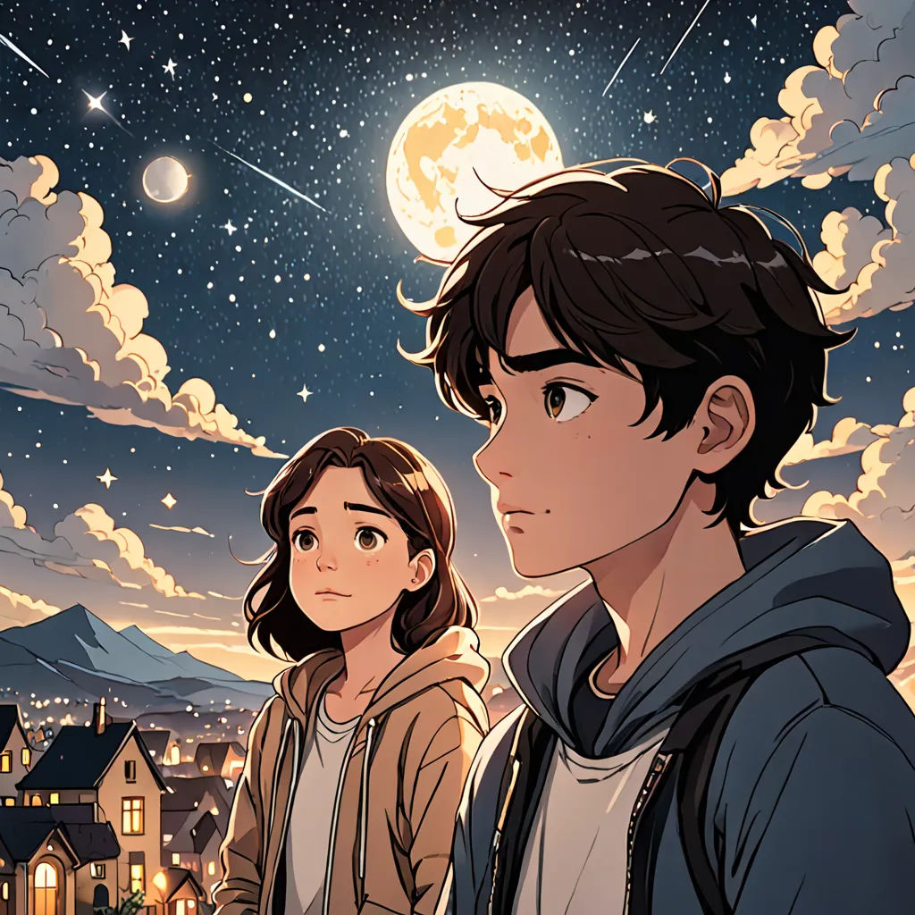 a couple of people standing next to each other under a night sky with stars and a full moon in the background, space art, a comic book panel, Atey Ghailan, comic cover art