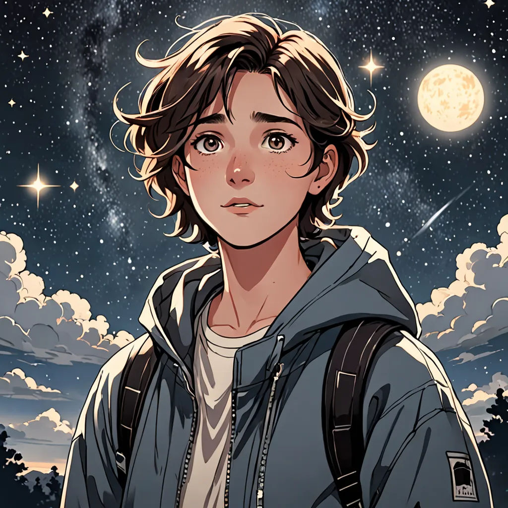 a boy with a backpack looking at the stars in the sky with a full moon in the background and a full moon in the sky, space art, a character portrait, Cosmo Alexander, rossdraws global illumination