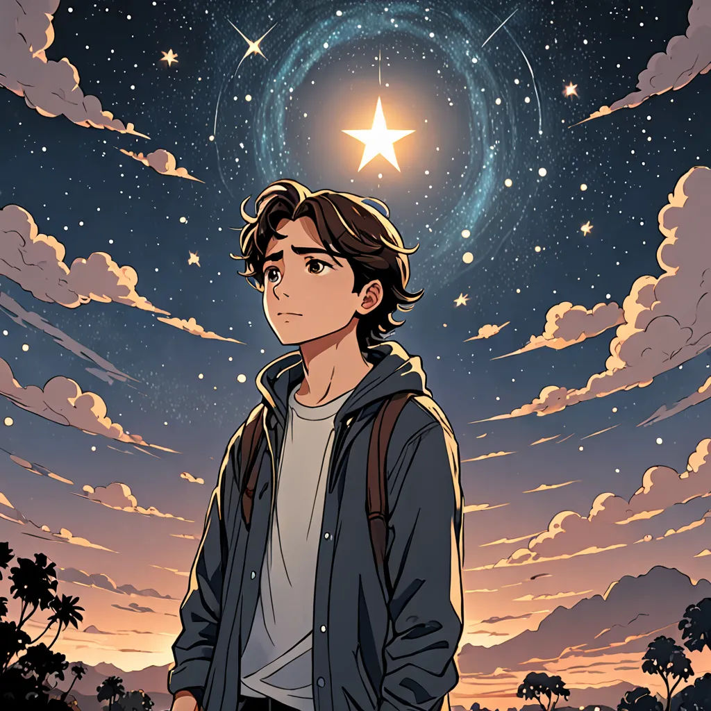 a man standing in front of a star filled sky with clouds and stars above him, with a star above his head, space art, a manga drawing, Evan Charlton, stars