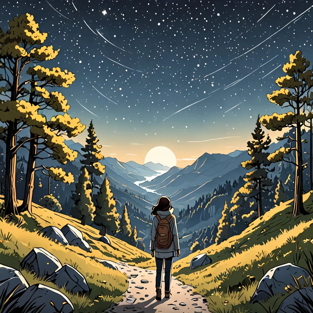 a person with a backpack is standing on a path in the mountains at night with stars in the sky, environmental art, a storybook illustration, Dan Mumford, josan gonzales and dan mumford
