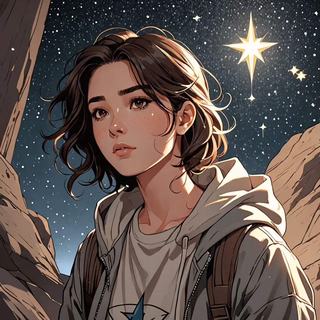 a girl with a backpack standing in front of a star filled sky with stars on her head and a star in her hand, space art, a character portrait, Atey Ghailan, rossdraws global illumination