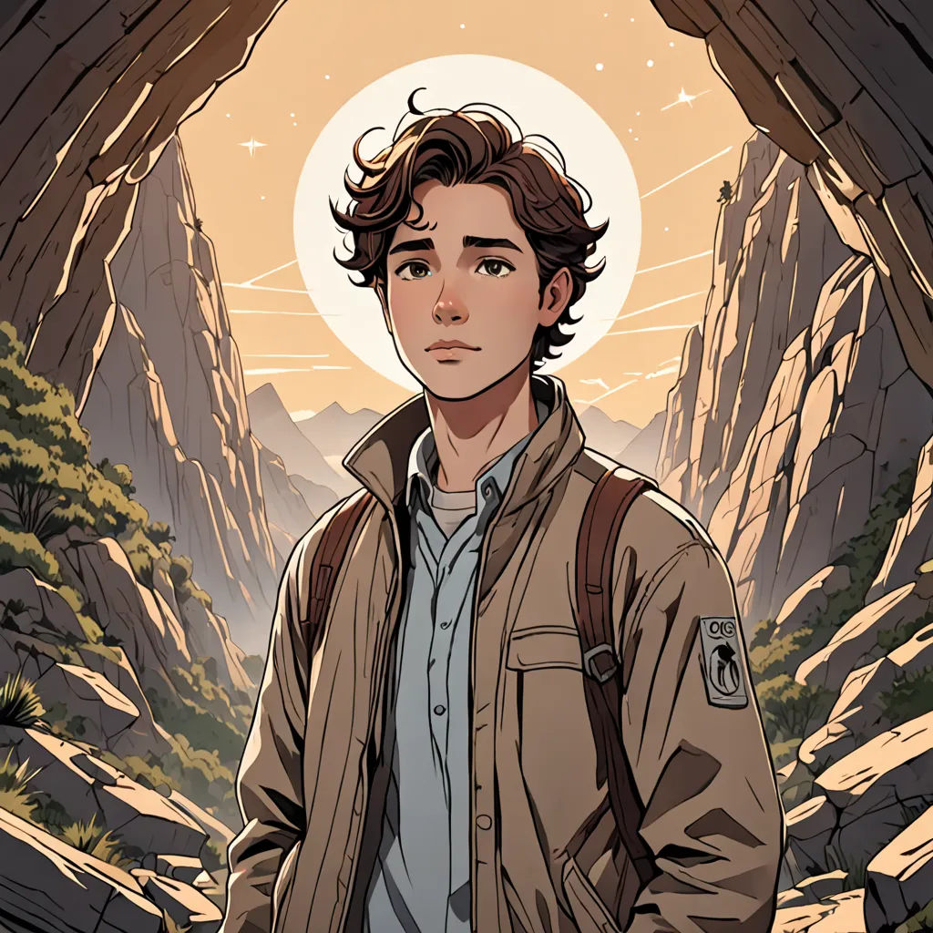 a man standing in a cave with a mountain in the background and a full moon in the sky above him, serial art, a character portrait, Cedric Seaut (Keos Masons), rossdraws global illumination