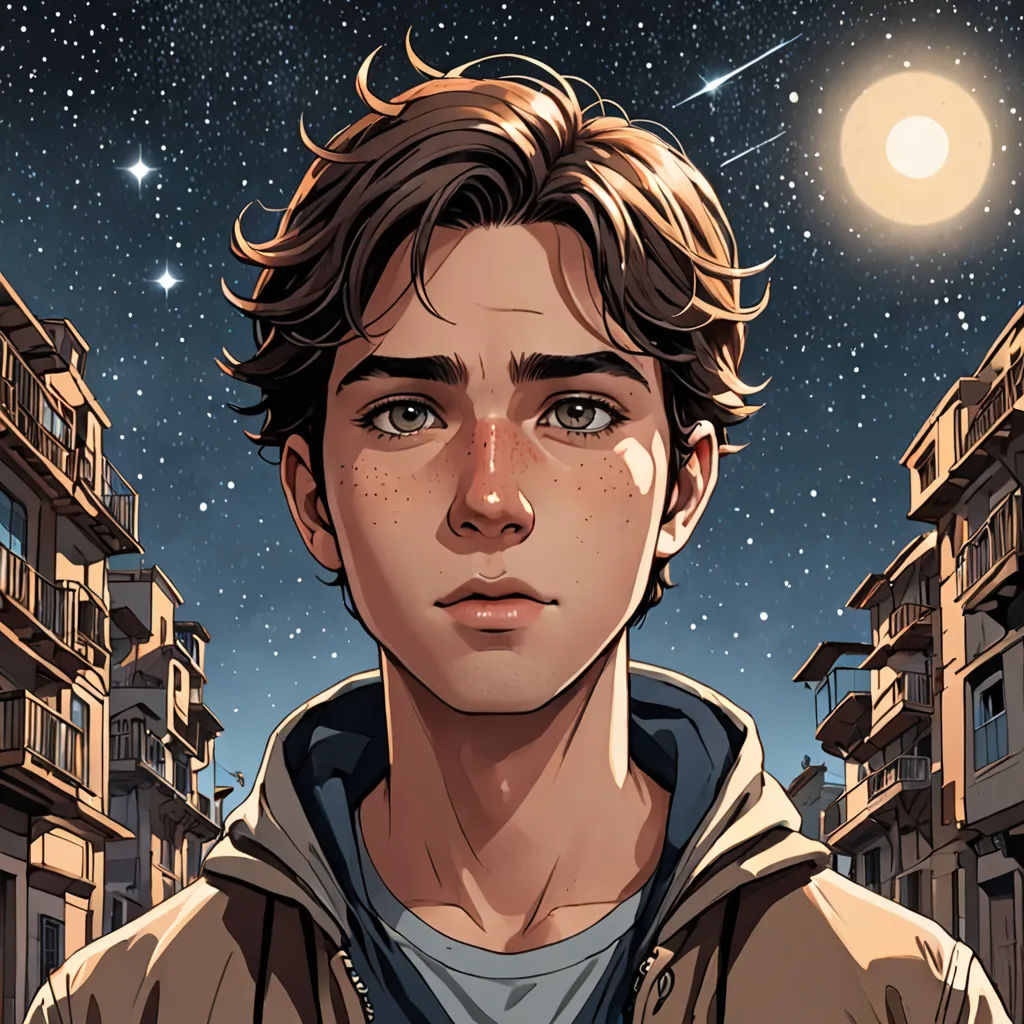 a man in a hoodie standing in front of a night sky with stars and a full moon in the background, space art, a character portrait, Cedric Seaut (Keos Masons), comic cover art