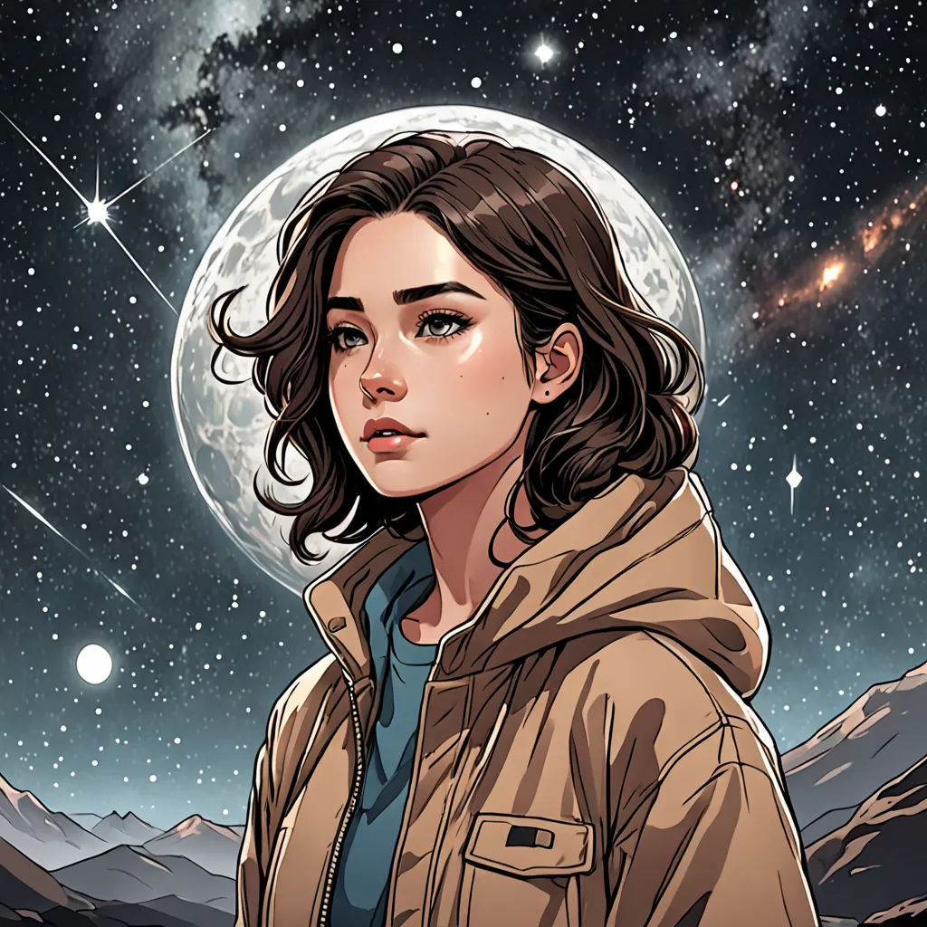 a woman in a brown jacket standing in front of a full moon and stars filled sky with mountains in the background, space art, a character portrait, Artgerm, comic cover art