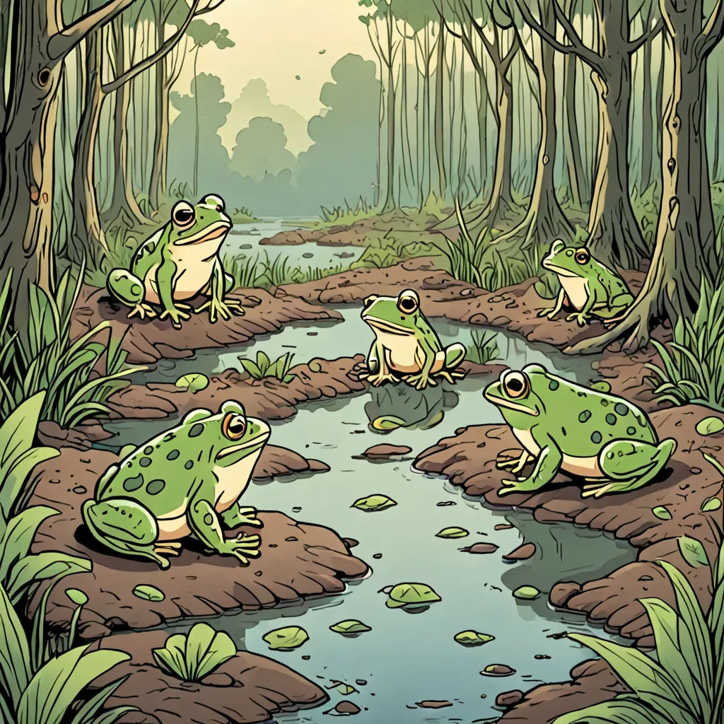 a group of frogs sitting on top of a river in a forest next to a forest floor with trees, environmental art, a storybook illustration, Andries Stock, storybook illustration