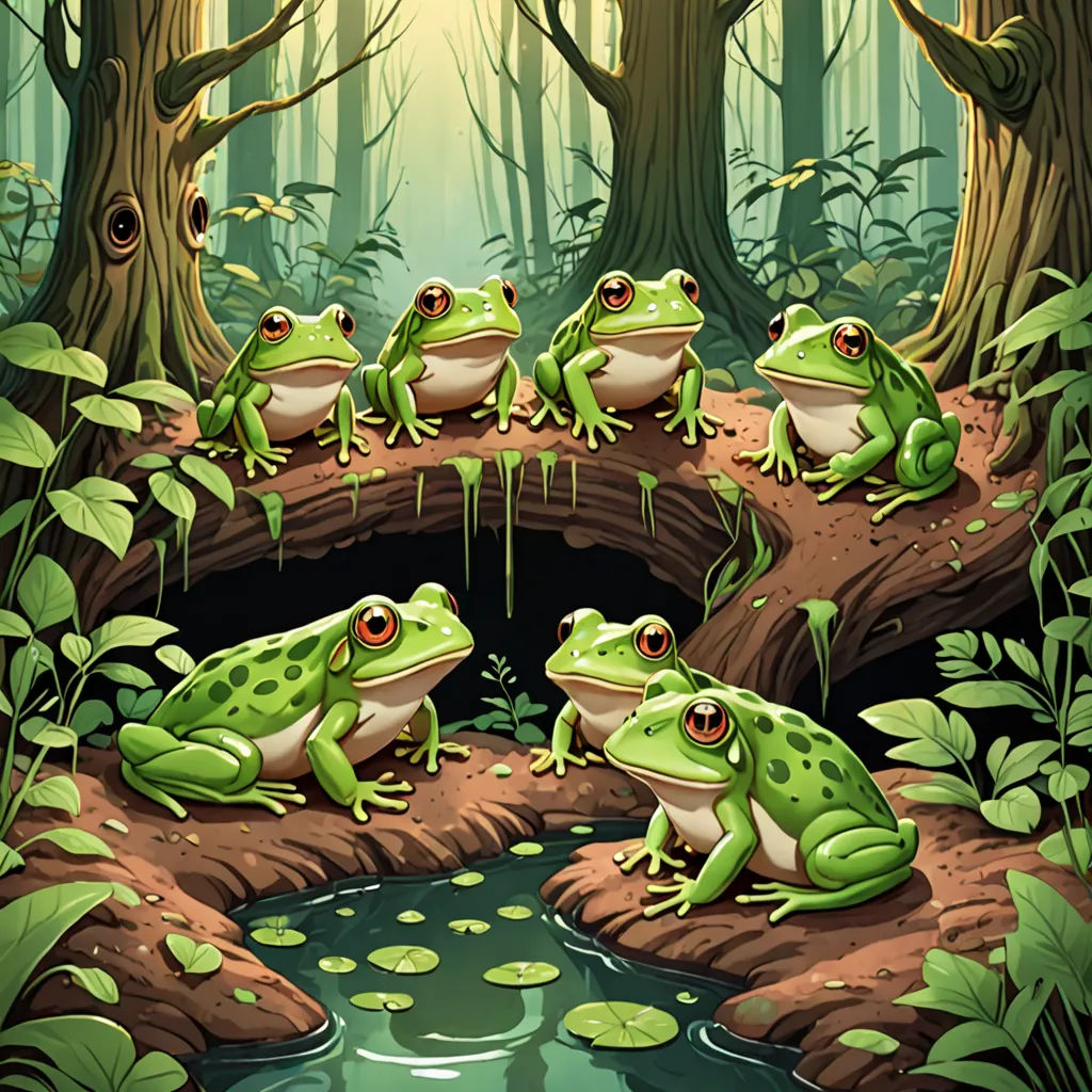 a group of frogs sitting on a log in a forest with a pond of water and trees in the background, fantasy art, a storybook illustration, Andries Stock, game art