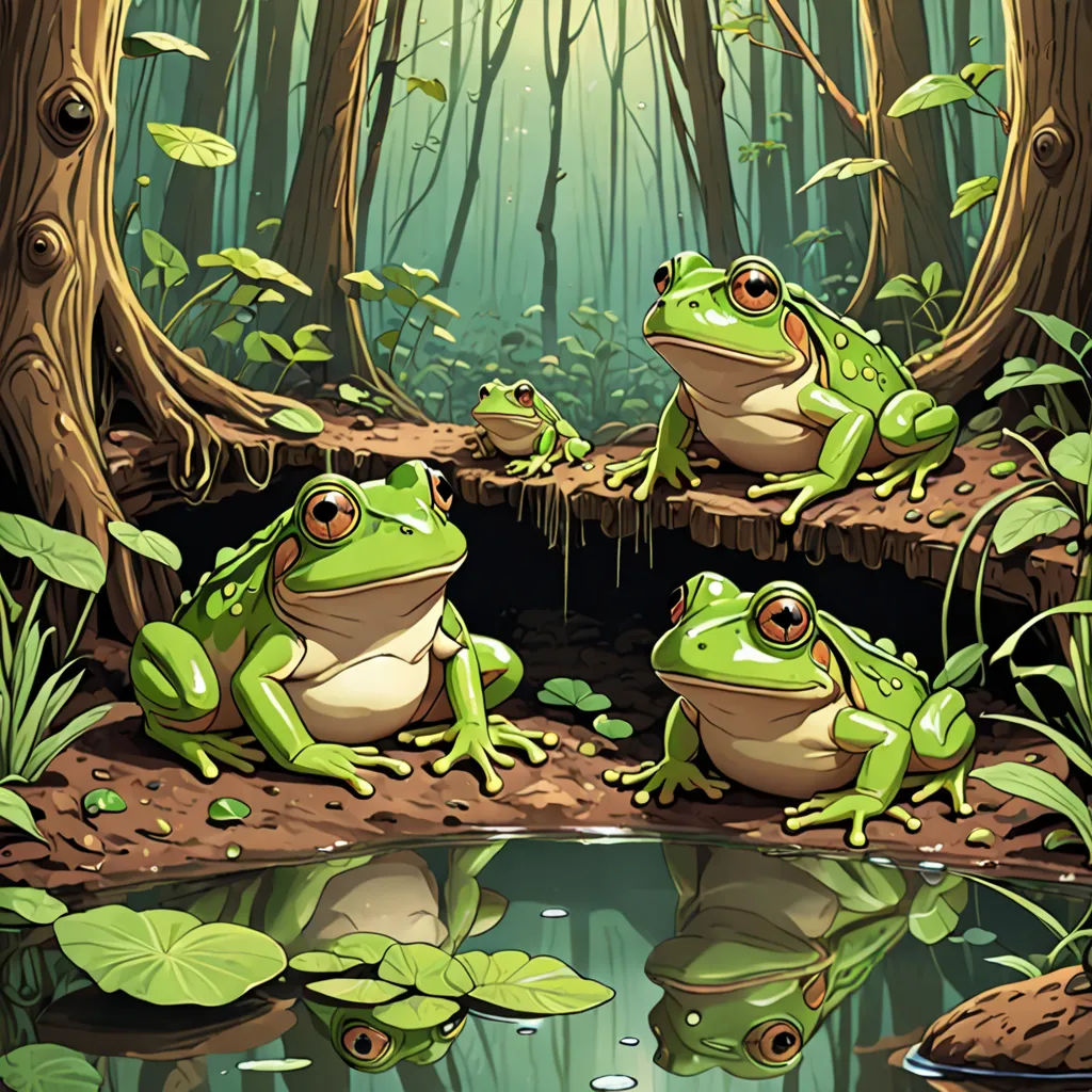 a group of frogs sitting on a log in a forest next to a pond of water and plants with leaves, fantasy art, a storybook illustration, Andries Stock, highly detailed digital painting