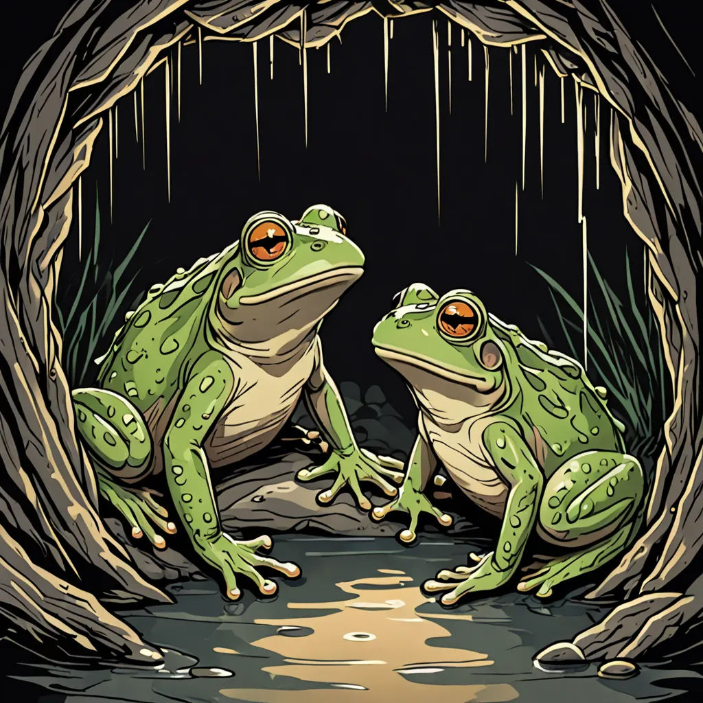 two frogs sitting in a hole with water and grass around them, with a dark background and a yellow light, symbolism, a storybook illustration, Andries Both, highly detailed digital art