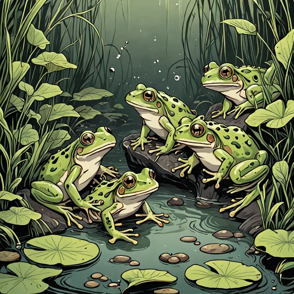 a group of frogs sitting on top of a rock in a pond of water surrounded by lily pads and green leaves, fantasy art, a storybook illustration, Dan Mumford, storybook illustration