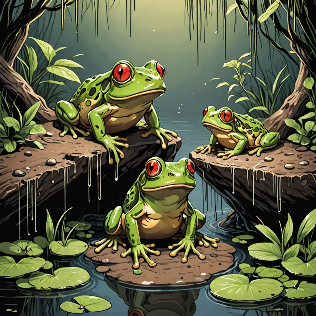 three frogs sitting on a rock in a pond of water with lily pads and lily pads around them, with a full moon in the background, fantasy art, a storybook illustration, Andries Stock, highly detailed digital painting