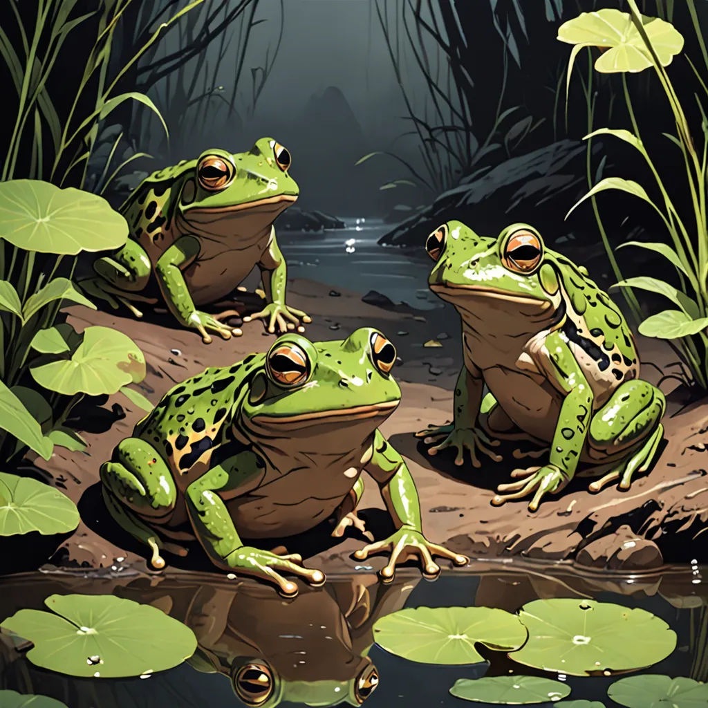 a group of frogs sitting on a rock in the water with lily pads around them and a pond in the background, fantasy art, a storybook illustration, Brothers Hildebrandt, highly detailed digital painting