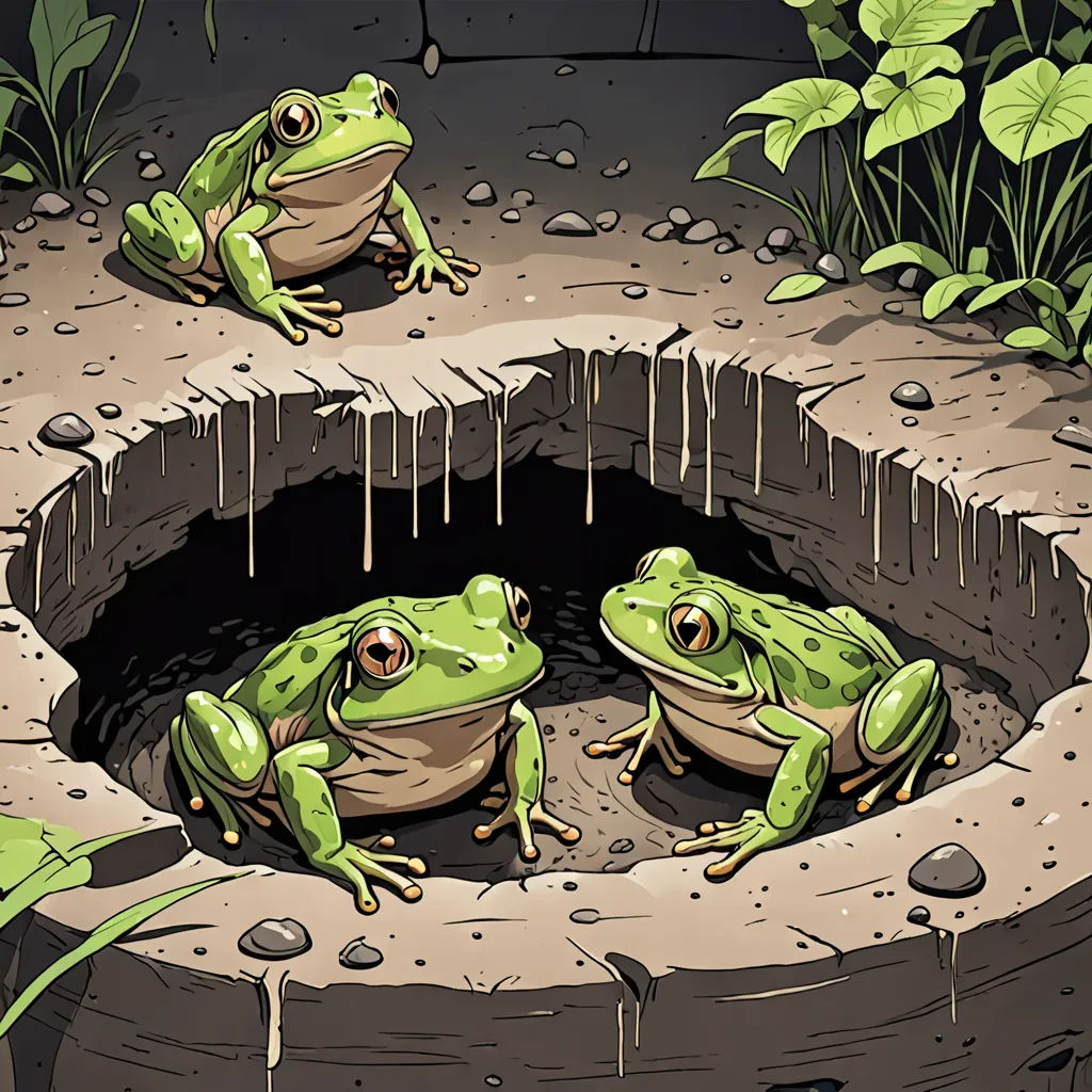 three frogs sitting in a hole with water dripping from it's mouth and one frog sitting on the ground, underground comix, a storybook illustration, Andries Stock, rossdraws global illumination