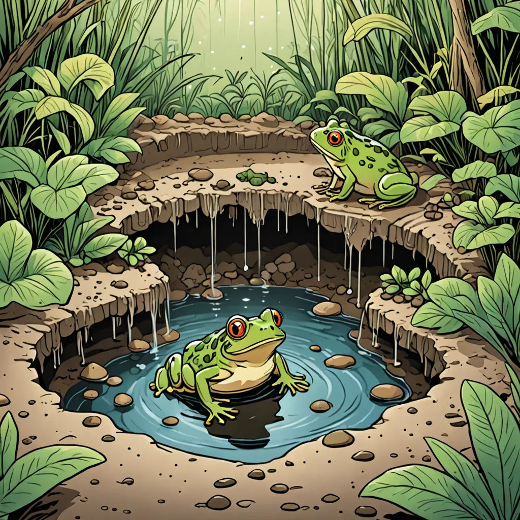 a frog sitting on a rock in a pond of water with a frog sitting on the edge of the pond, fantasy art, a storybook illustration, Andries Stock, storybook illustration