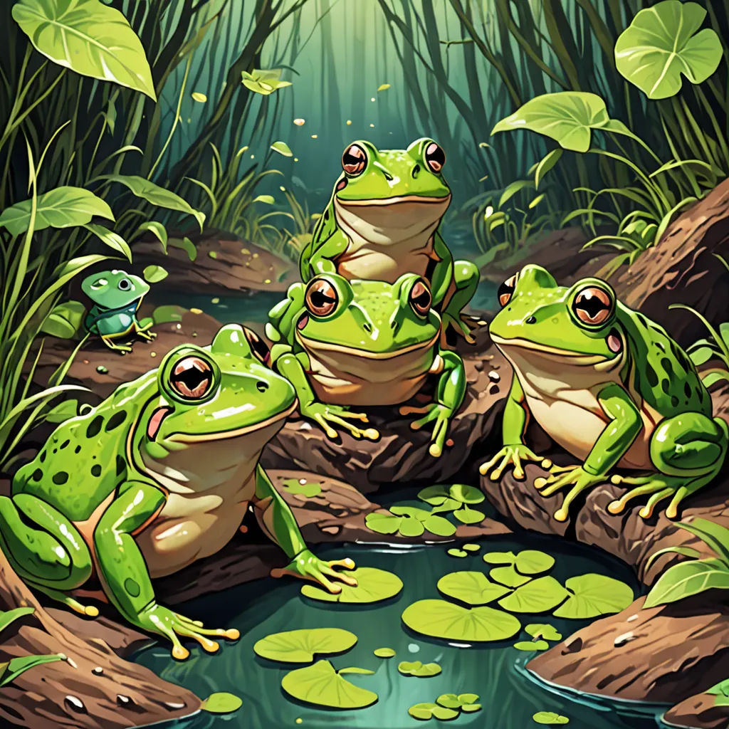 a group of frogs sitting on a log in a swampy area with lily pads and a frog looking at the camera, fantasy art, a storybook illustration, Andries Stock, highly detailed digital painting