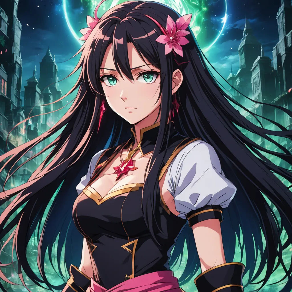 a woman with long black hair and a pink bow in her hair, standing in front of a city, sots art, a character portrait, Chizuko Yoshida, official art
